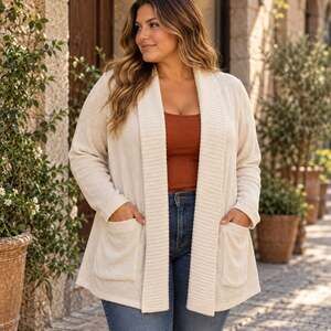 Maurices Ivory Open Front Long Cardigan Sweater Pockets Size 1